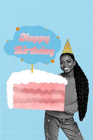 Vertical collage young cheerful woman cake dessert holiday present guest cone headwear happy...