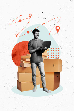 Vertical photo collage of happy man postal worker hold laptop box pile geolocation shipment route delivery isolated on painted backgroundの写真素材