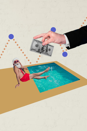 Composite 3D photo collage design trend sketch of aged man sit swimming pool summer vacation hand hold money earnings market wealth bankの写真素材
