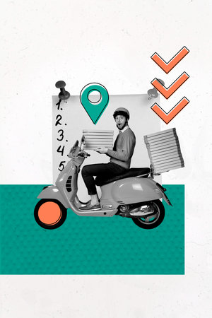 Vertical art banner collage of shocked man courier ride vespa moped pizza box delivery cafe sticker paper geolocation iconの写真素材
