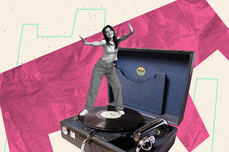 Composite art 3d creative image collage of happy hipster girl dance vinyl player music sound 80s party celebration event melomanの写真素材