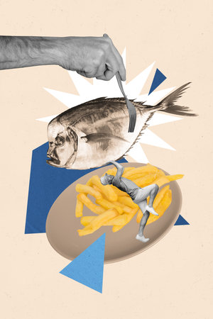 Vertical creative art collage of happy man dance dorado french fries lunch cafe meal hunger fried food isolated on painting backgroundの写真素材