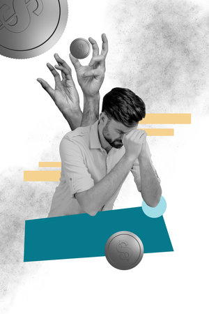 Composite trend artwork sketch image photo collage of young man work mind think hand gesture catch money coins crisis loss bankruptcyの写真素材