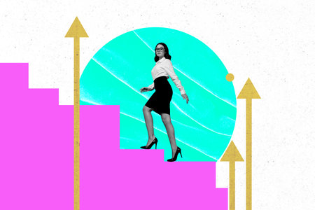 Photo cartoon comics sketch collage of serious businesswoman climb career ladder arrow direction success profit achievementの写真素材