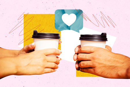 Composite trend artwork sketch image 3D photo collage of like banner icon notification popular heart app social media hand hold coffee cupの写真素材