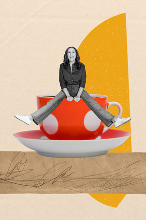 Poster sketch image artwork 3D photo collage of good morning cafe flavor hot tea break rest huge cup aged woman sit emoji face smileの写真素材