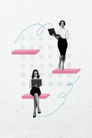 Cartoon sketch 3d creative photo collage of two happy girls business partners hold laptop surf office employee worker colleaguesの写真素材