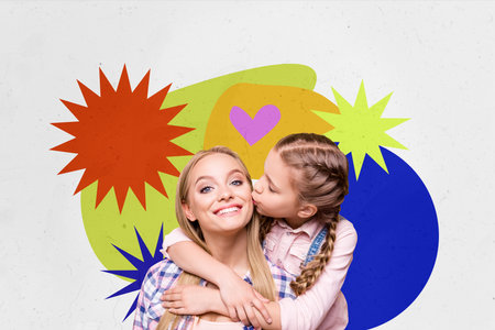 Photo collage picture young woman parentship child holiday international love relationship family adoption care kiss hugの写真素材