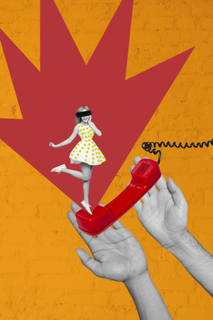 Cartoon sketch 3d creative photo collage of happy girl taped eyes jump human hands retro telephone handset call center worker dispatcherの写真素材