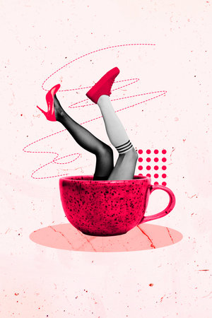 Sketch image trend artwork 3D photo collage of flavor hot coffee drink rest cup woman legs appear wear different shoes high heels sneakersの写真素材