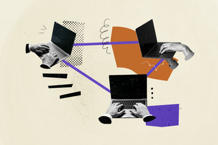 Composite creative art collage of hands type business people connection line freelancer remote device isolated on painted backgroundの写真素材