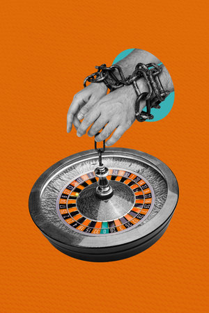Composite trend artwork sketch image photo collage of copyspace anonymous handcuffs chain hand hold gambling win betting roulette addictedの写真素材