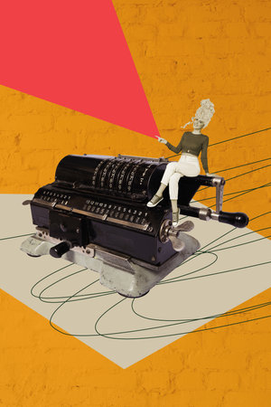 Vertical poster image collage of happy girl sit typewriter old tool calculator machine count buttons equipment wear wig vintageの写真素材