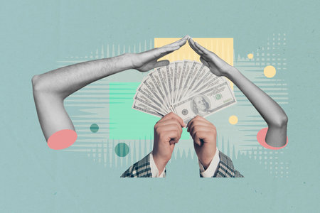 Composite trend artwork sketch image photo collage of huge hand hold bank cash banknote money pay arm gesture protection save roofの写真素材