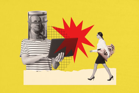 Collage design composite trend artwork sketch of team headless guy hold laptop lady walk hold money bag cash budget market trade currencyの写真素材