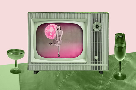 Exclusive art banner collage of happy glamour girl stand inside tv screen box disco ball alcohol cocktail occasion concert movieの写真素材