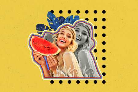 Composite sketch design artwork 3D photo collage of young lady smile hand hold watermelon fruit eat summer season hippie style natureの写真素材