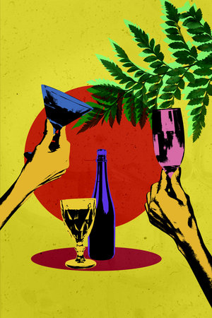Composite trend artwork 3D sketch image collage of pop art hand wrist gesture finger hold glass drink party alcohol bottle wine cocktailの写真素材