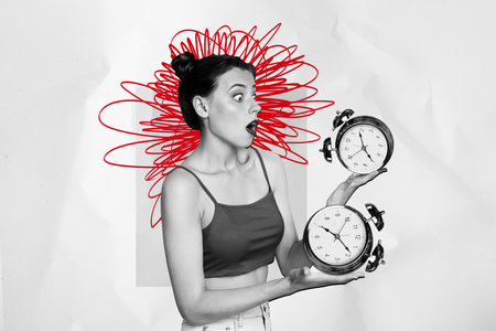 Composite creative art collage of astonished panic girl hold alarm clock ring problem deadline pressure isolated on painted backgroundの写真素材