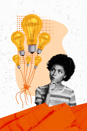 Vertical photo collage of minded american girl think decision light bulb idea power air balloon imitation isolated on painted backgroundの写真素材