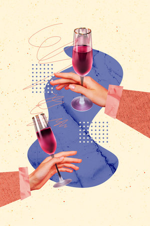 Template poster trend artwork 3D photo collage of party holiday hands hold beverage friday toast club relax glass cocktail champagneの写真素材