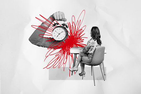 Composite creative art collage of businesswoman sit office workplace scribble alarm clock pressure deadline isolated on painted backgroundの写真素材