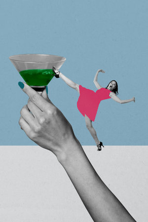 Creative 3D photo collage trend artwork template of carefree weekend event nightclub cocktail alcohol drink hand hold young woman walkの写真素材