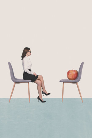 Sketch design trend artwork poster 3D photo collage of organic food kitchen culinary meal young woman formalwear sit armchair watch appleの写真素材