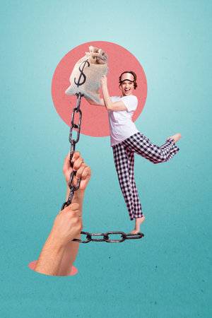 Vertical poster image collage of excited girl wear pajamas hold dollar robbery illegal income dollar currency chain handの写真素材