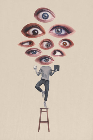 Vertical art banner collage of anonym man stand one leg stool hold clock deadline laptop instead head eyeball vision stare spy observerの写真素材