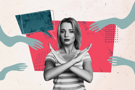Composite trend artwork sketch image photo collage of young woman speech cloud hand gesture cross...