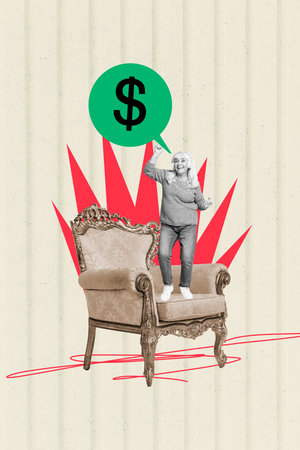 Vertical photo collage of happy old woman dance royal chair dollar bubble transaction income usd capital isolated on painted backgroundの写真素材