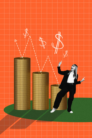 Vertical photo collage of happy excited businesswoman dance arrow pointer coin stack success development millionaire capitalの写真素材