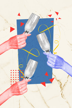 Vertical photo collage of friends hands birthday party celebration confetti hold empty champagne glass toast isolated on painted backgroundの写真素材