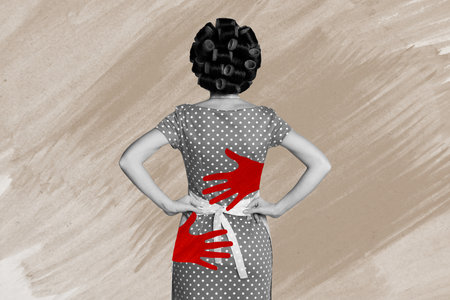 Composite photo collage of anonym housewife stand back wear curlers apron sex harassment violence...