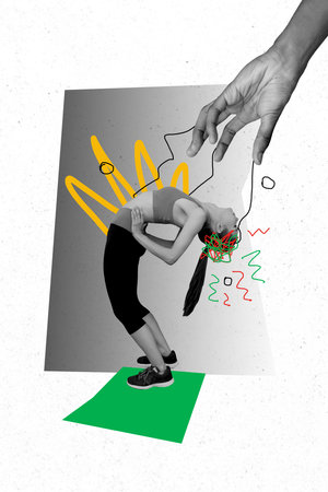 Vertical creative art collage of serious sportswoman do incline marionette string hand obey...