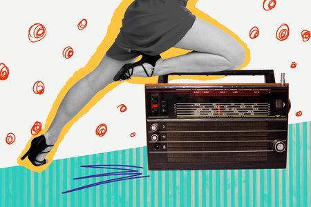 Composite art 3d creative image collage of anonym girls legs flexible radio boombox occasion nightclub dance entertainmentの写真素材