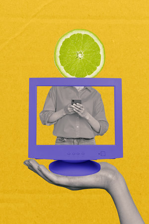 Template collage design trend artwork sketch of food calories tasty chef meal lady hand hold smartphone computer display head citric lemonの写真素材
