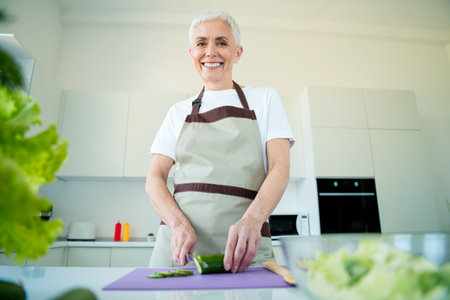 Charming elderly woman in a kitchen preparing a healthy gourmet meal with fresh ingredients on a cheerful and sunny dayの写真素材