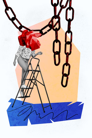 Vertical photo collage of anonym girl instead head crumpled paper climb ladder development chain trap isolated on painted backgroundの写真素材