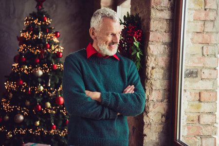 Portrait of nice aged man crossed arms look window wear sweater new year xmas time flat indoors
