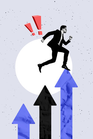 Creative 3D photo collage artwork template of young man run up career promotion target trader stats charts human resources hiring managerの写真素材