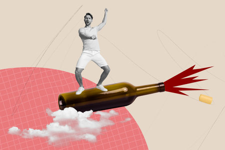 Contemporary poster trend art collage of happy carefree guy dance weekend celebration event wine bottle addiction alcoholの写真素材