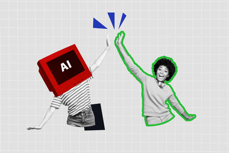 Banner photo poster trend art collage image of happy american girl high five gesture clap hands ai app instead head pc monitor technologyの写真素材