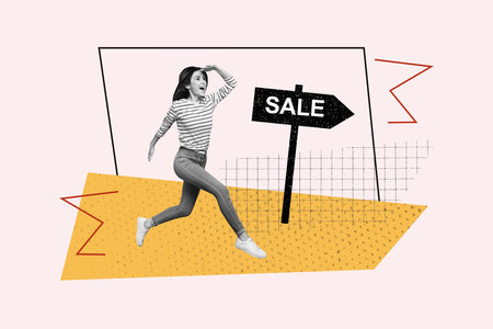 Creative collage picture young woman run hurry rush sale discounts black friday weekend holiday low price shopaholic special offerの写真素材