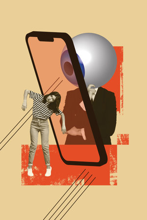 Vertical sketch 3d artwork collage poster of anonym man boss instead head eyeball look observer freemason phone screen sad girl trapの写真素材