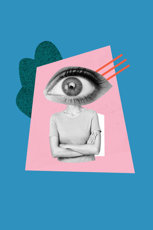 Vertical poster collage young headless woman caricature eyesight vision eyeball stare see look watch oversee drawing backgroundの写真素材