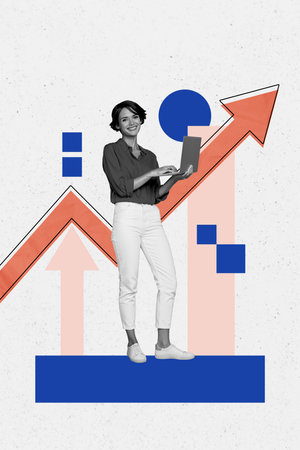 Vertical creative art collage of happy girl freelancer hold laptop chart development arrow success aim isolated on painting backgroundの写真素材