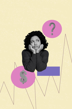 Trendy art creative vertical photo collage of overwhelmed girl think solution question mark graph money income dollar ideaの写真素材