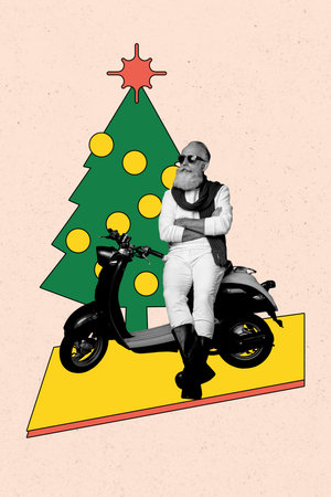 Composite trend artwork sketch image collage of happy Christmas new year holiday decor aged man beard eyewear santa claus moped fir treeの写真素材